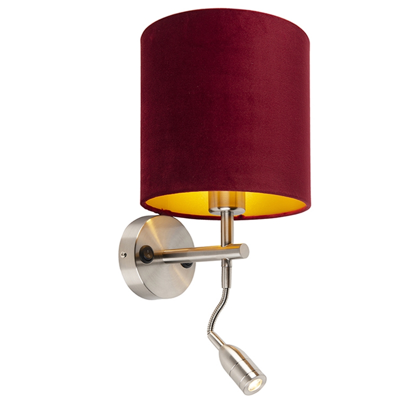 QAZQA Wandlamp staal met leeslamp en kap velours 20/20/20 - Rood