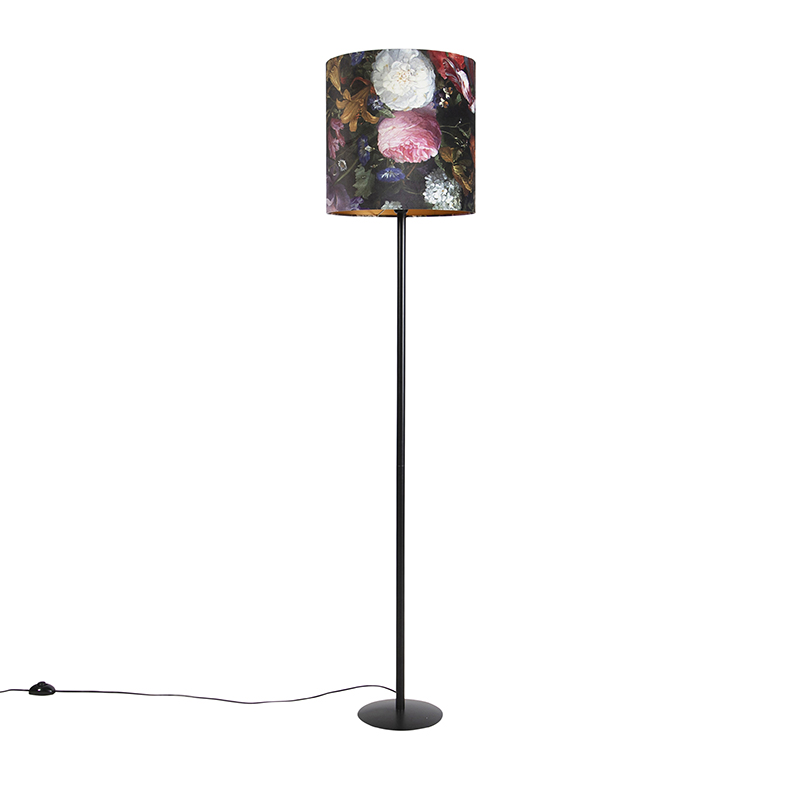 QAZQA Vloerlamp zwart met velours kap bloemen dessin 40 cm - Simplo