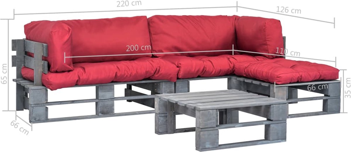 Vidaxl 4-delige Loungeset Pallet Met Rode Kussens Hout - Rood