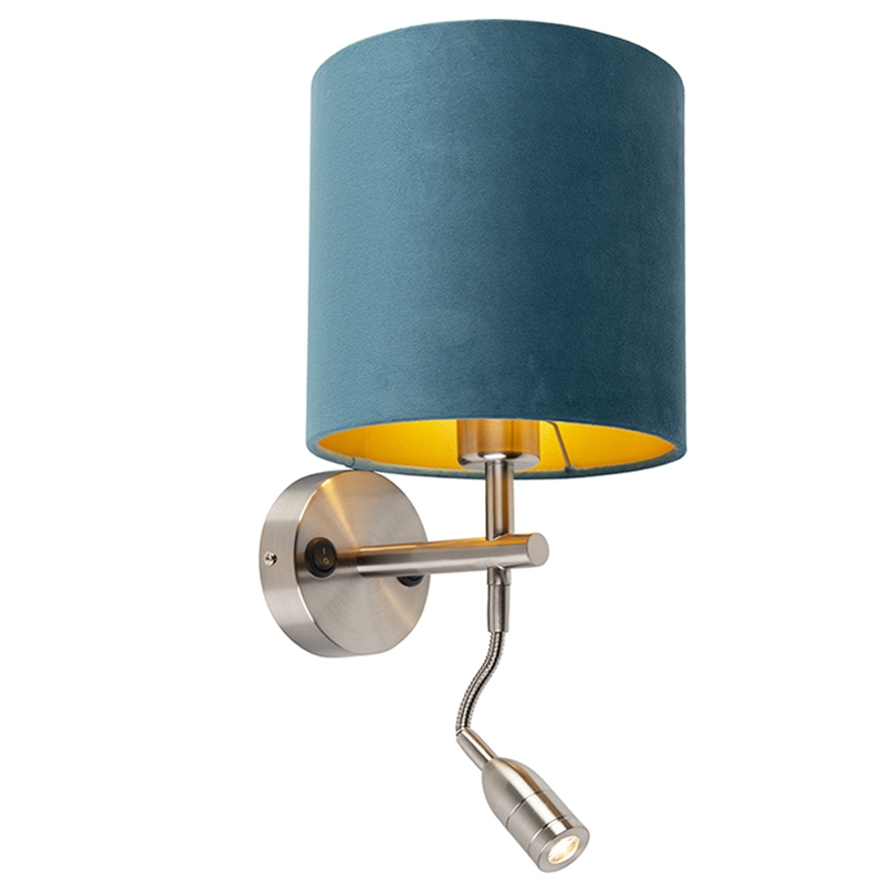 QAZQA Wandlamp staal met leeslamp en kap velours 20/20/20 - Blauw