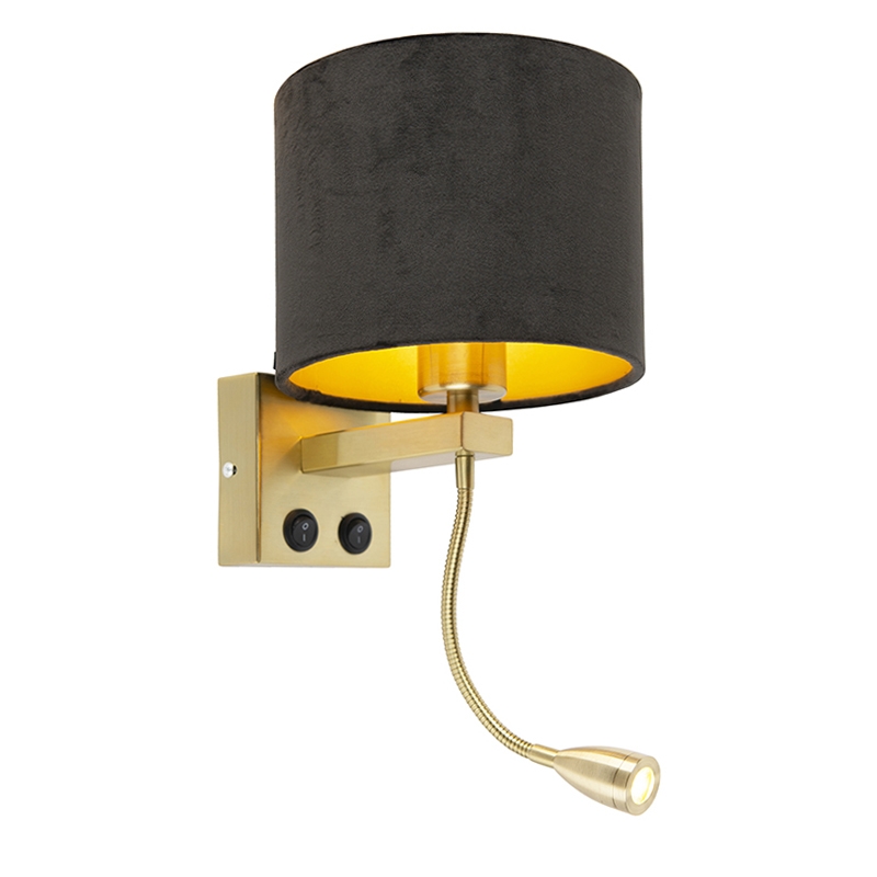 QAZQA Moderne wandlamp goud/messing met kap velours - Brescia - Zwart