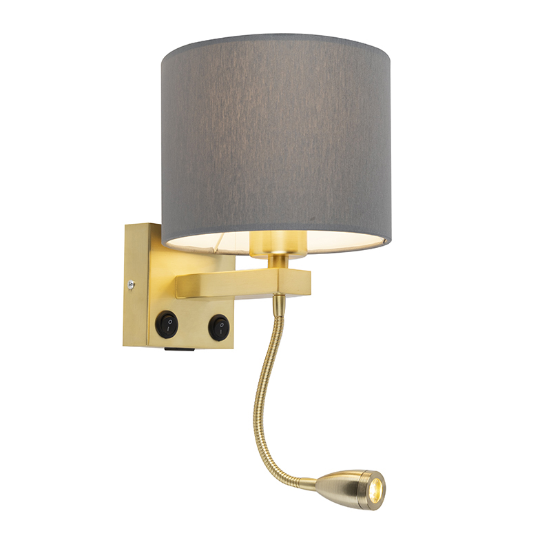 QAZQA Art deco wandlamp goud met USB en grijze kap - Brescia - Grijs