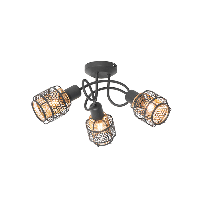 QAZQA Design plafondlamp met goud 3-lichts - Noud - Zwart