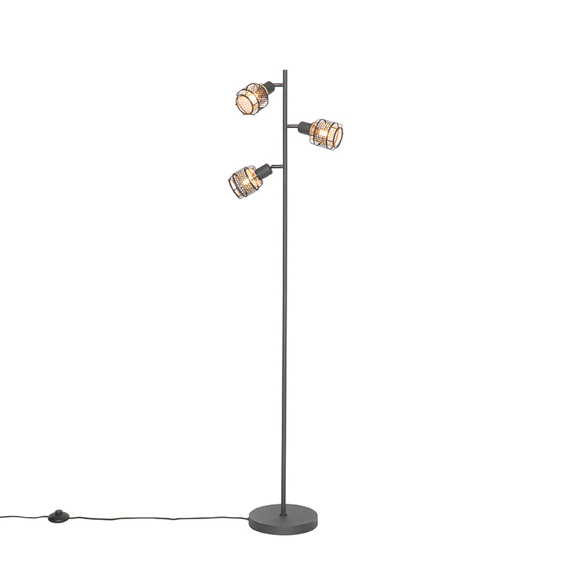 QAZQA Design vloerlamp met goud 3-lichts - Noud - Zwart