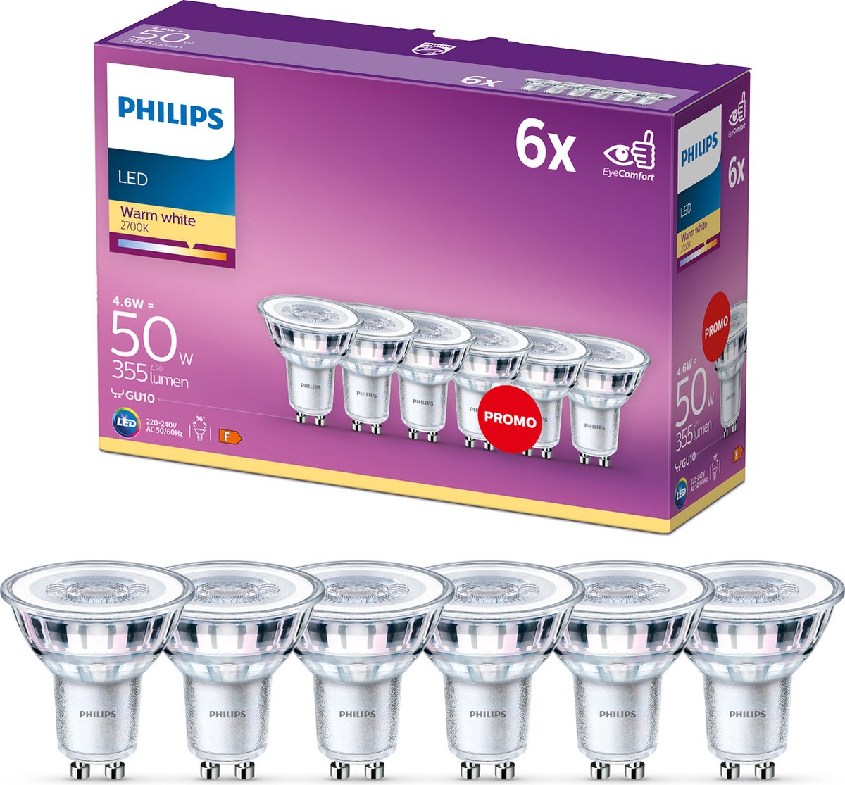 Philips Ledspot 6-pack 4.6 W - 50 W GU10 Warmwit