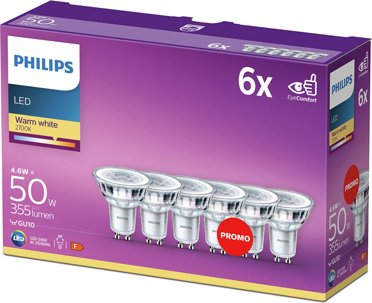 Philips Ledspot 6-pack 4.6 W - 50 W GU10 Warmwit