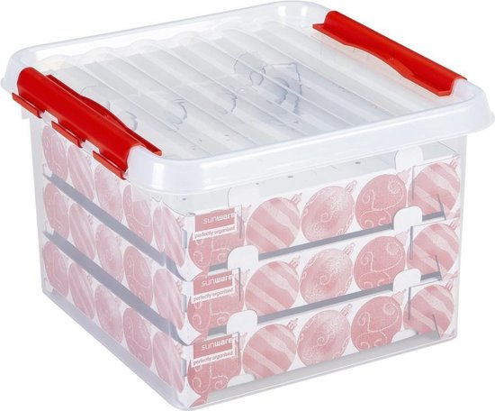 Q-line Kerst Opbergbox - 26l - Incl. Trays Voor 75 Kerstballen - Transp/ - Rood