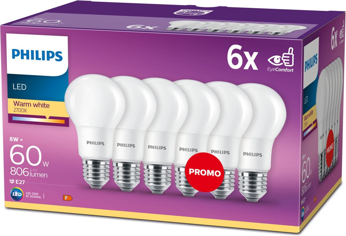 Philips Ledlamp 6-pack 8 W - 60 W E27 Warmwit