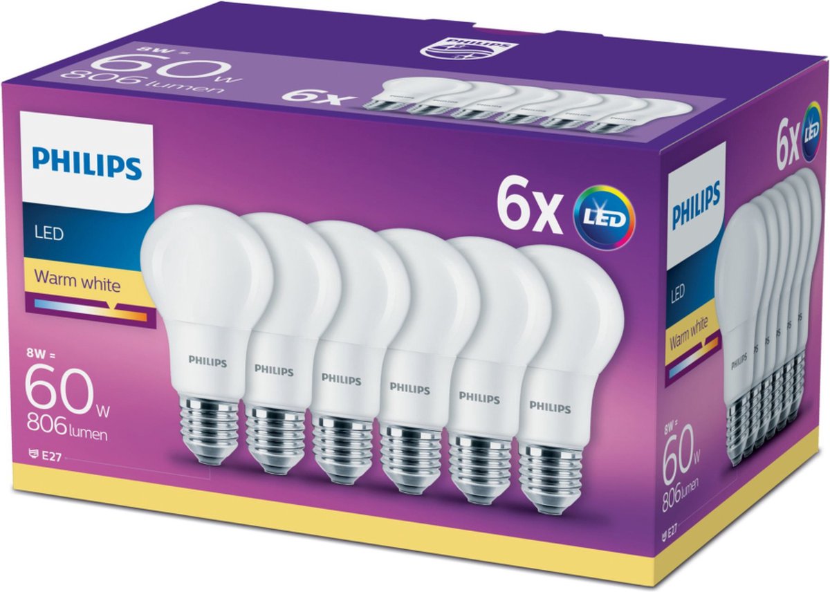 Philips Ledlamp 6-pack 8 W - 60 W E27 Warmwit
