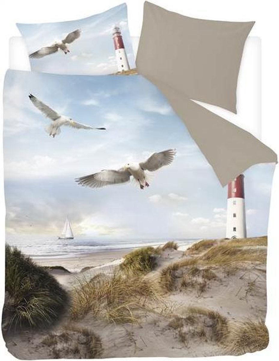 Snoozing Lighthouse Flanel Dekbedovertrek - 2-persoons (200x200/220 Cm + 2 Slopen) - Flanel - Taupe