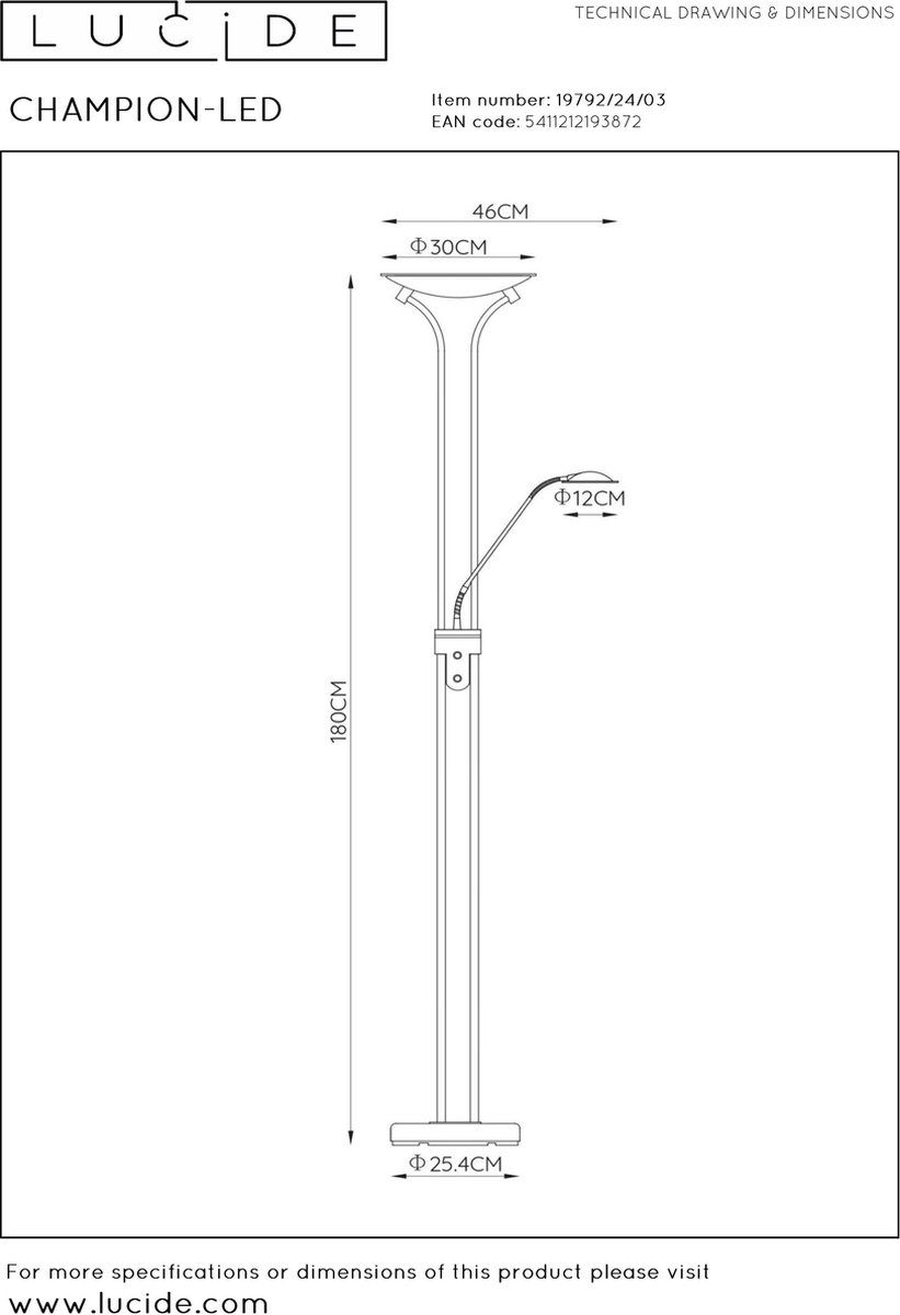 Lucide Champion-led Vloerlamp 20w +4w H180cm 1600+320lm