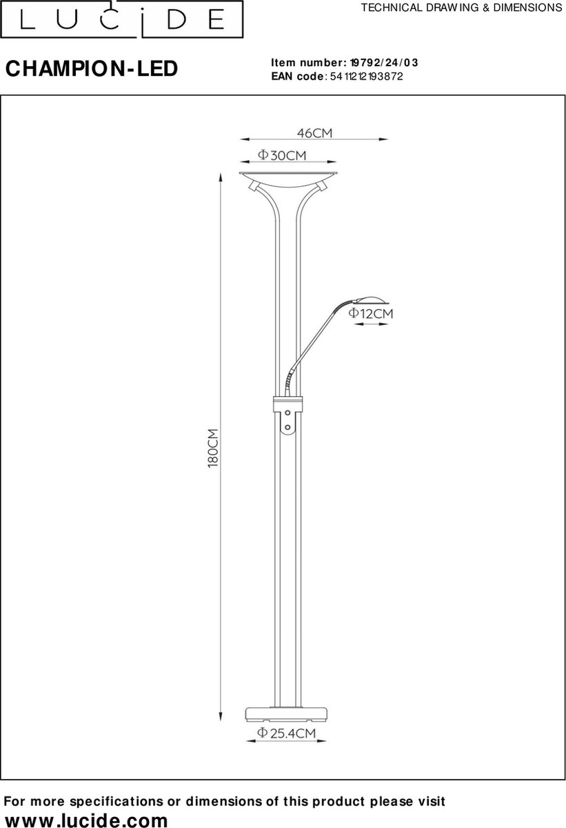 Lucide Champion-led Vloerlamp 20w +4w H180cm 1600+320lm
