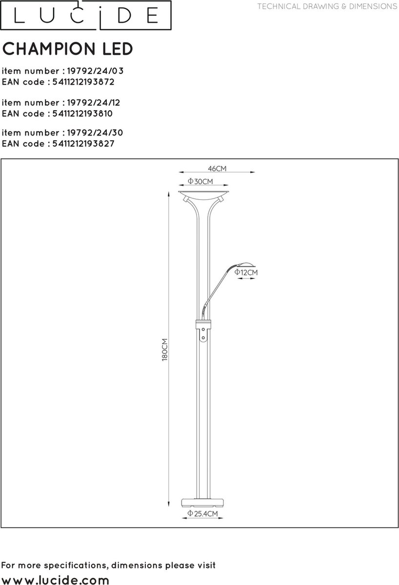 Lucide Champion-led Vloerlamp 20w +4w H180cm 1600+320lm