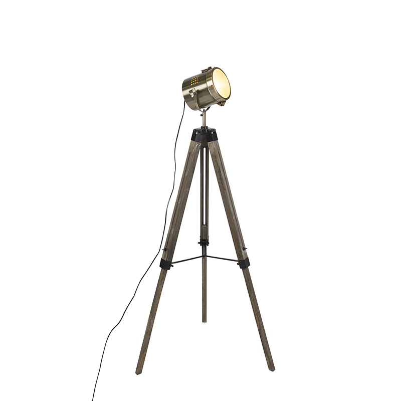 QAZQA Industriële vloerlamp tripod hout met studiospot - Braha - Bruin