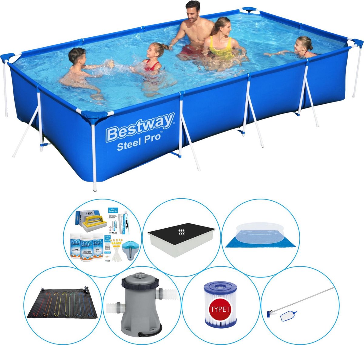 Bestway Zwembad Comfort Pakket - Steel Pro Rechthoekig 400x211x81 Cm - Blauw