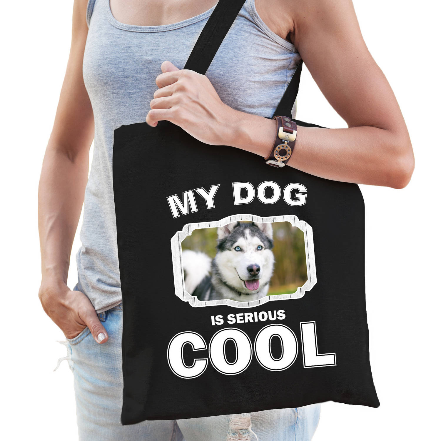 Bellatio Decorations Katoenen Tasje My Dog Is Serious Cool - Husky Honden Cadeau Tas - Feest Boodschappentassen - Zwart