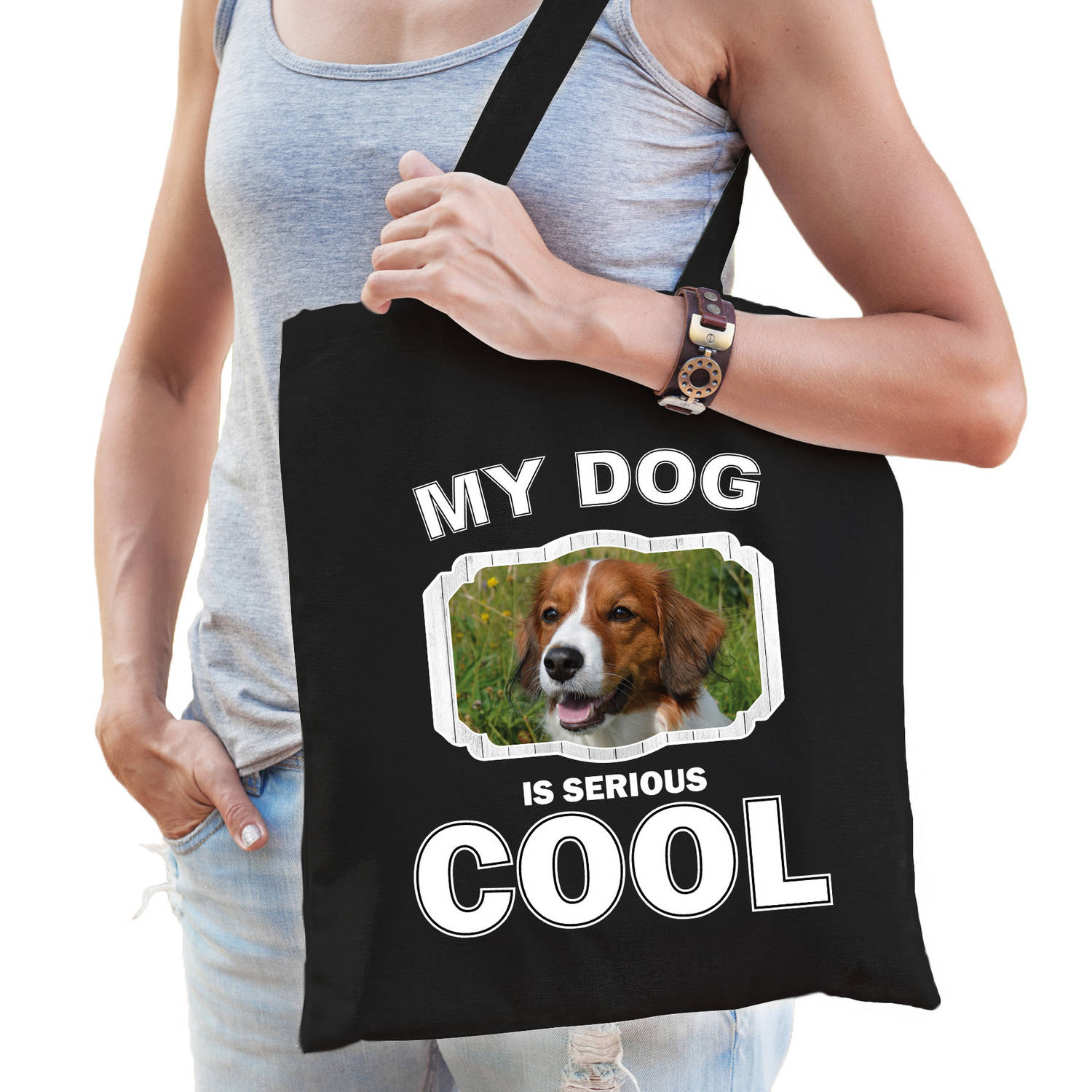 Bellatio Decorations Katoenen Tasje My Dog Is Serious Cool - Kooiker Honden Cadeau Tas - Feest Boodschappentassen - Zwart