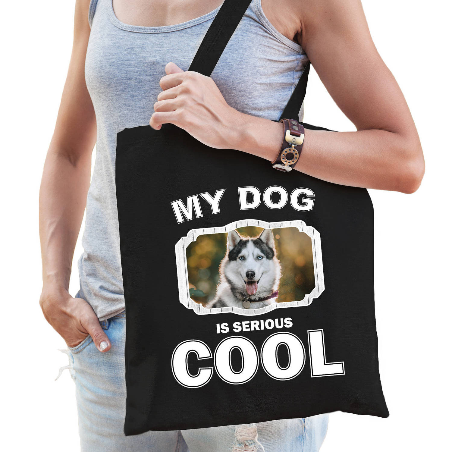 Bellatio Decorations Katoenen Tasje My Dog Is Serious Cool - Husky Honden Cadeau Tas - Feest Boodschappentassen - Zwart