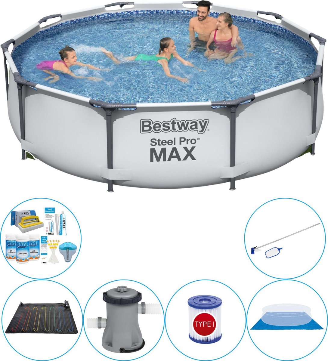 Bestway Zwembad Met Accessoires - 7-delig - Steel Pro Max Rond 305x76 Cm - Grijs
