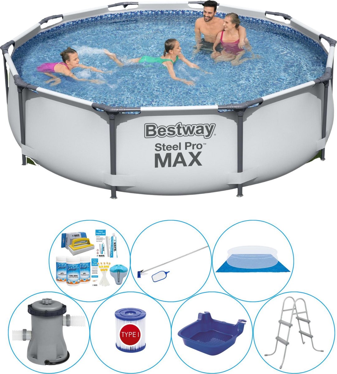 Bestway Zwembad Inclusief Accessoires - 8-delig - Steel Pro Max Rond 305x76 Cm - Grijs