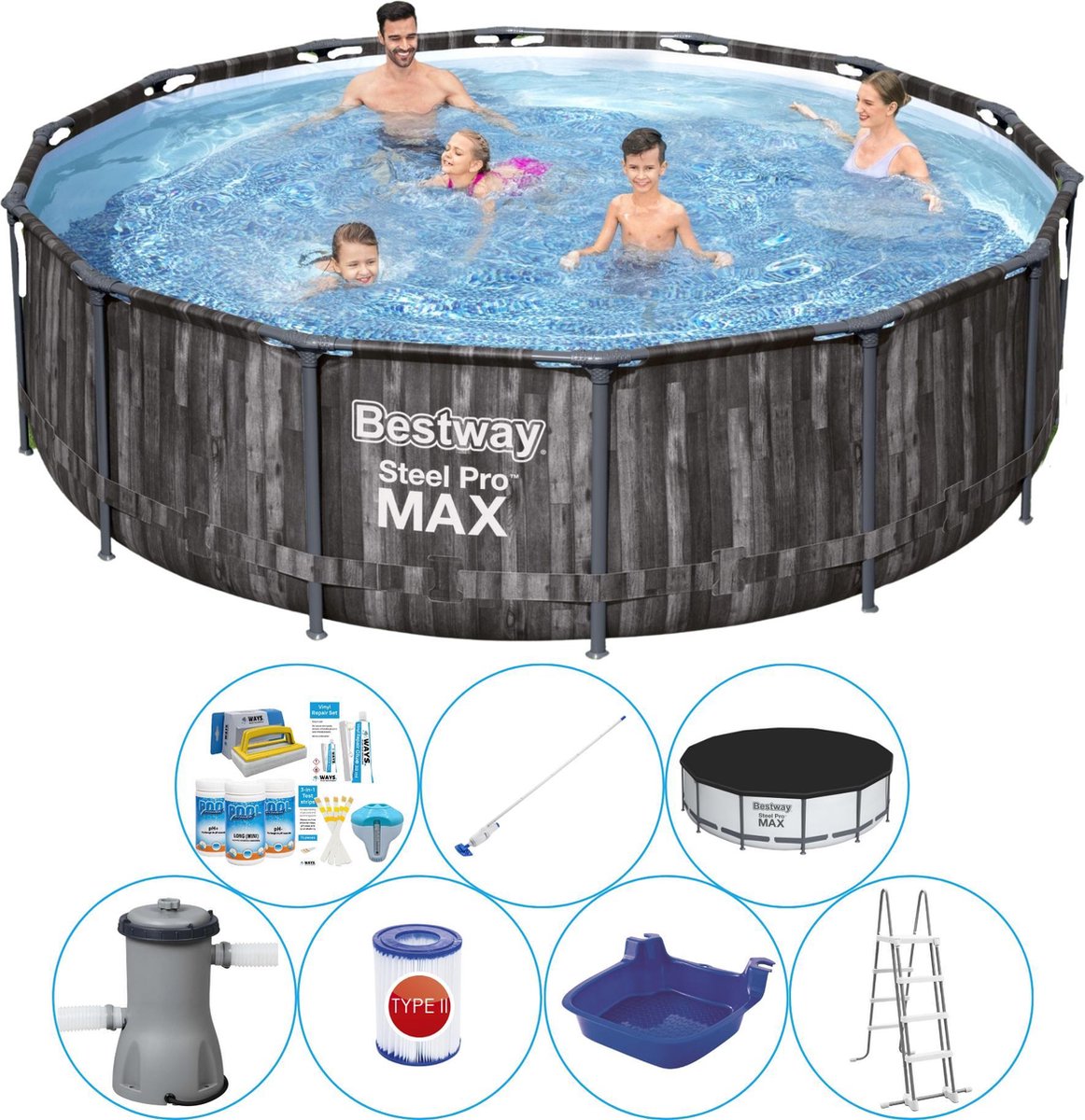 Bestway Steel Pro Max Wood 427x107 Cm - Zwembad Combinatie Deal - Grijs