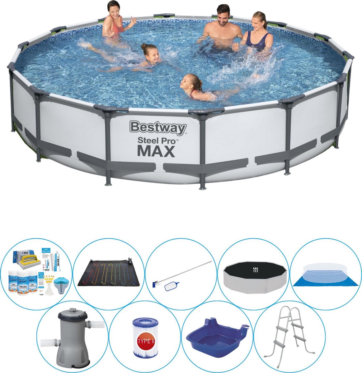 Bestway Steel Pro Max Rond 427x84 Cm - Deluxe Zwembad Pakket - Grijs