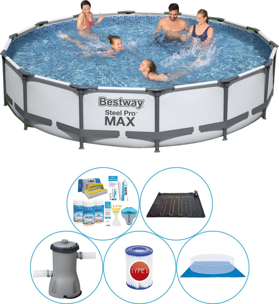 Bestway Steel Pro Max Rond 427x84 Cm - 6-delig - Zwembad Combi Deal - Grijs