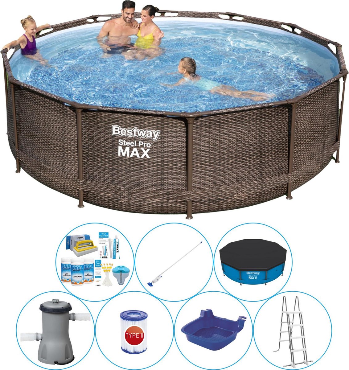 Bestway Steel Pro Max Rattan 366x100 Cm - Zwembad Combinatie Deal - Bruin