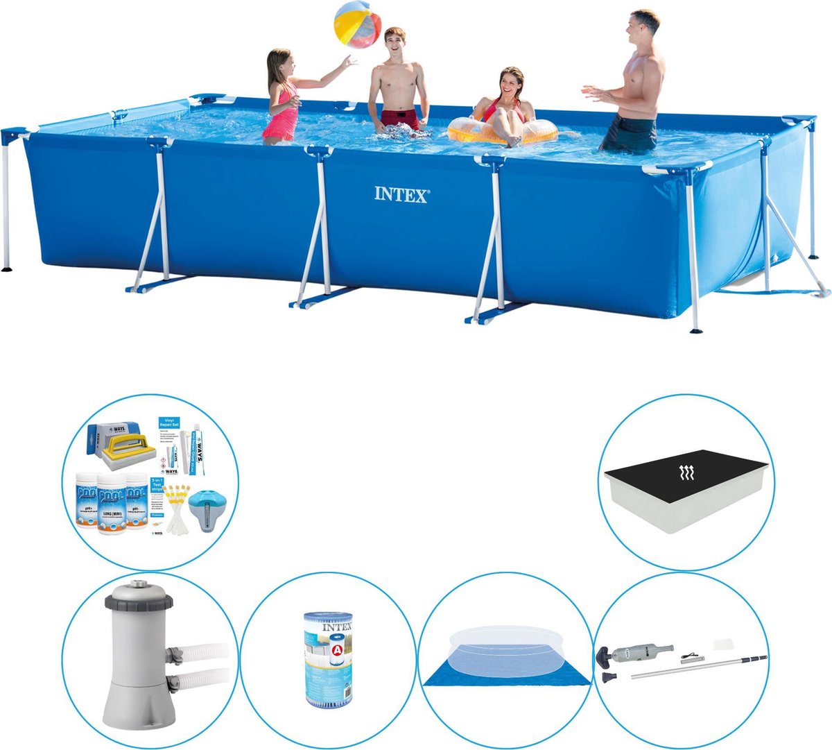 Intex Deluxe Zwembad Pakket - Frame Pool Rechthoekig 450x220x84 Cm - Blauw