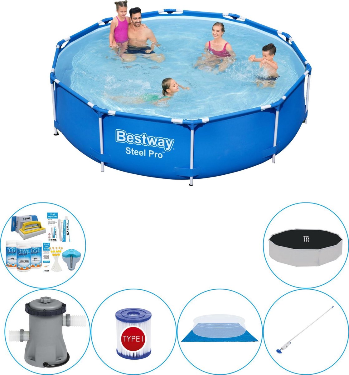 Bestway Steel Pro Rond 305x76 Cm - Zwembad Combinatie Pakket - Blauw