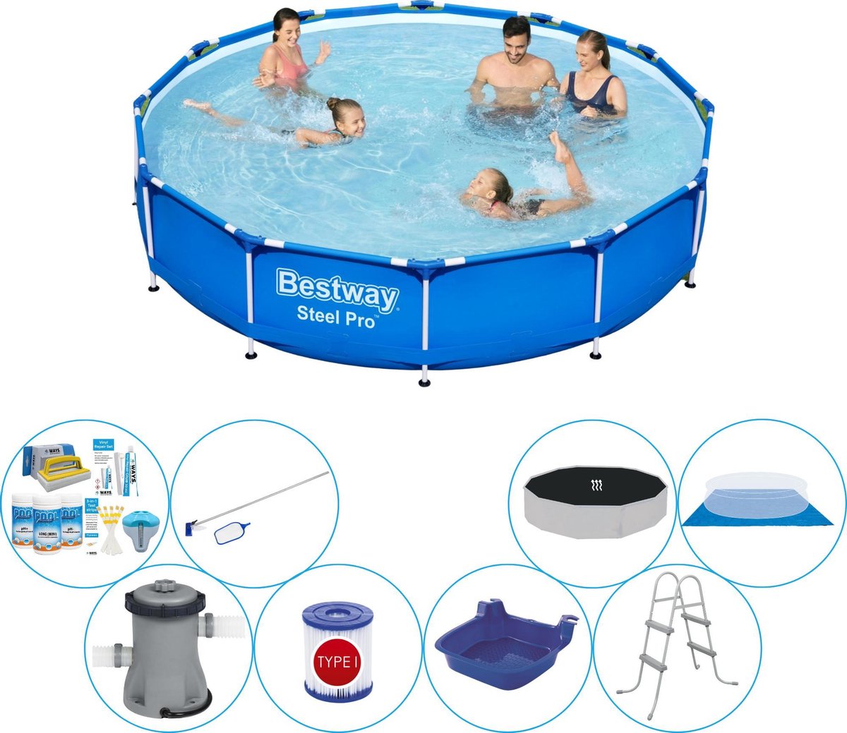 Bestway Steel Pro Rond 366x76 Cm - Deluxe Zwembad Deal - Blauw