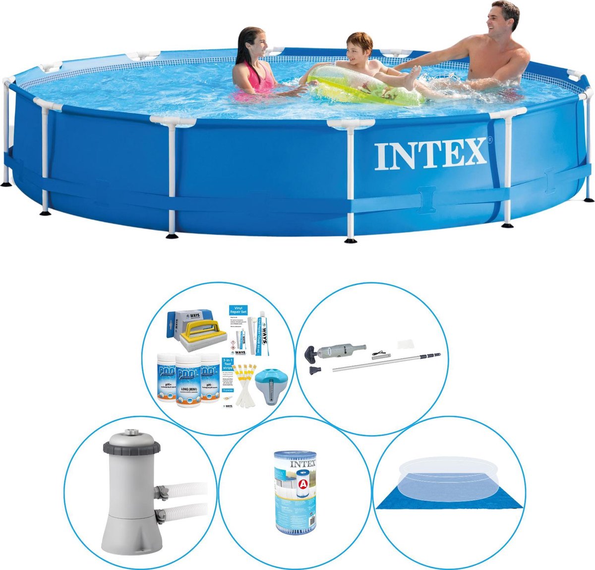 Intex Metal Frame Rond 366x76 Cm - 6-delig - Zwembad Inclusief Accessoires - Blauw