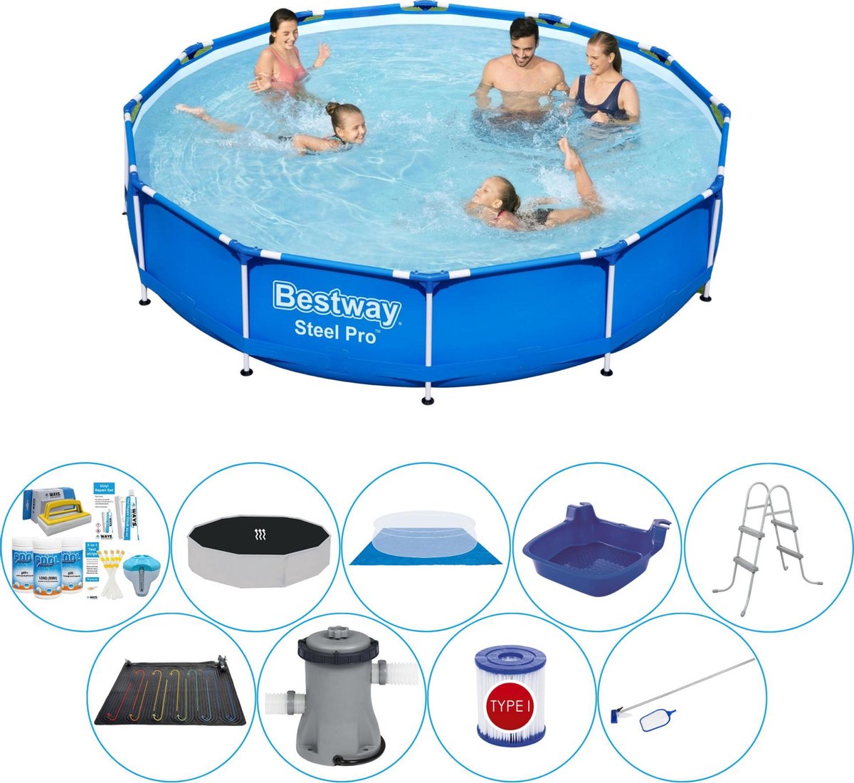 Bestway Steel Pro Rond 366x76 Cm - Deluxe Zwembad Pakket - Blauw