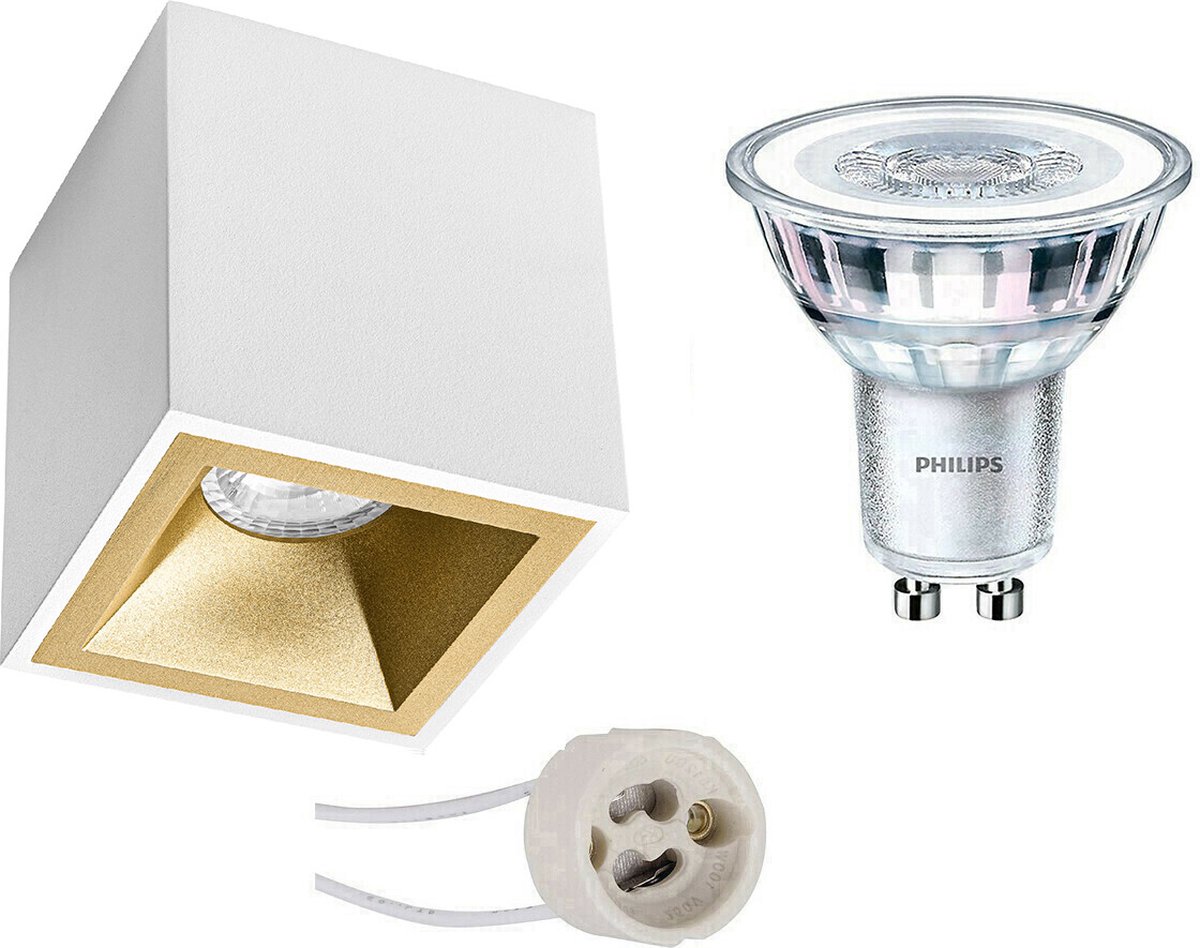 BES LED Opbouwspot Set - Pragmi Cliron Pro - Gu10 Fitting - Opbouw Vierkant - Mat/goud - Verdiept - 90mm - Philips - Corepro - Wit