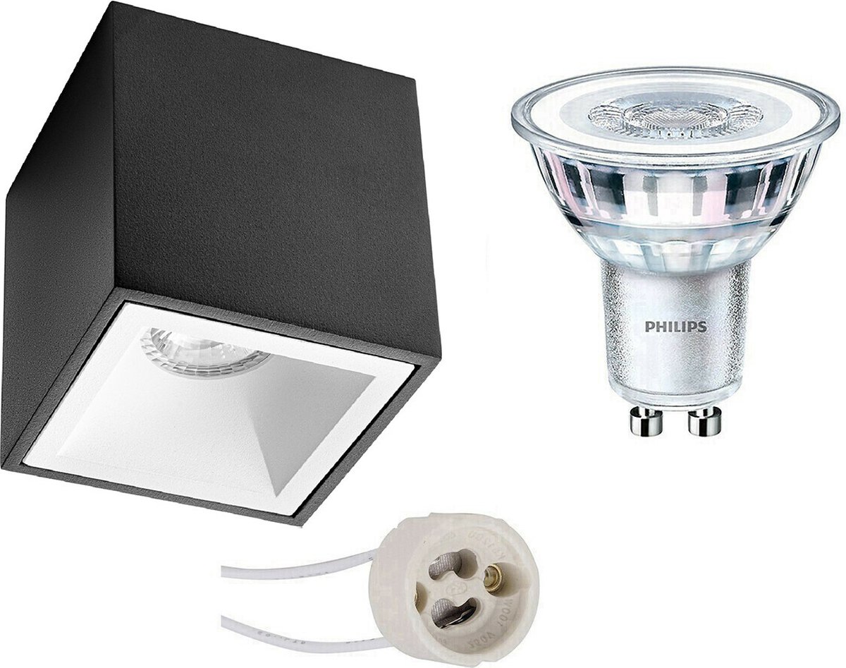 BES LED Opbouwspot Set - Pragmi Cliron Pro - Gu10 Fitting - Opbouw Vierkant - Mat/wit - Verdiept - 90mm - Philips - - Zwart