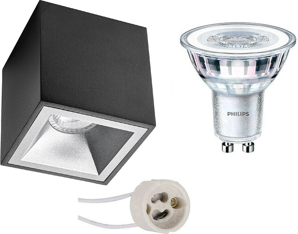 BES LED Opbouwspot Set - Pragmi Cliron Pro - Gu10 Fitting - Opbouw Vierkant - Mat/zilver - Verdiept - 90mm - Philips - - Zwart