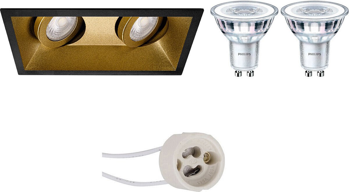 BES LED Led Spot Set - Pragmi Zano Pro - Gu10 Fitting - Inbouw Rechthoek Dubbel - Mat/goud - Kantelbaar - 185x93mm - - Zwart