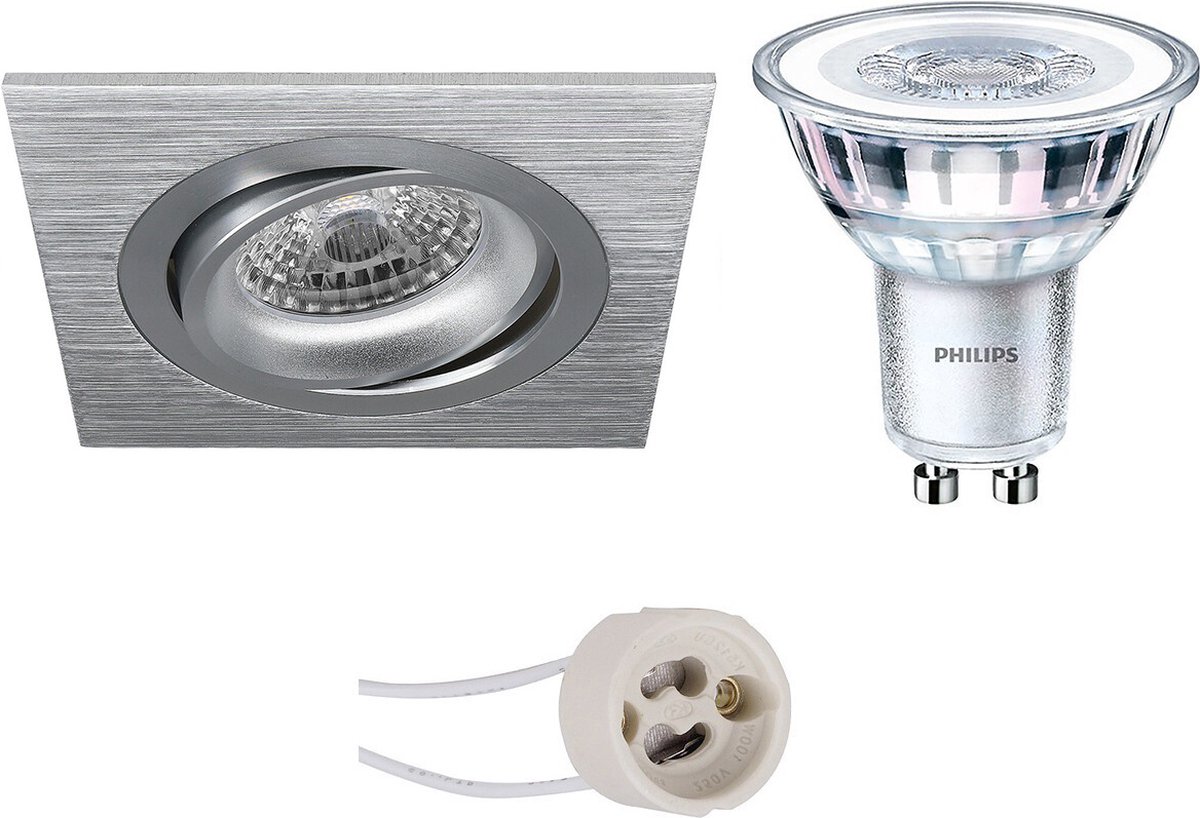 BES LED Led Spot Set - Pragmi Borny Pro - Gu10 Fitting - Inbouw Vierkant - Mat Zilver - Kantelbaar - 92mm - Philips - Corepro