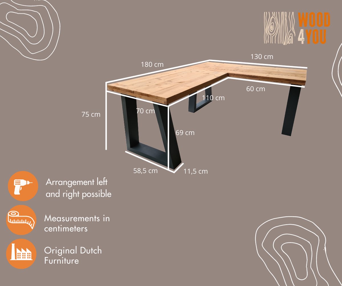 Wood4you Hoekbureau Vancouver Roasted Wood 180/130lx74dx75h - Zwart