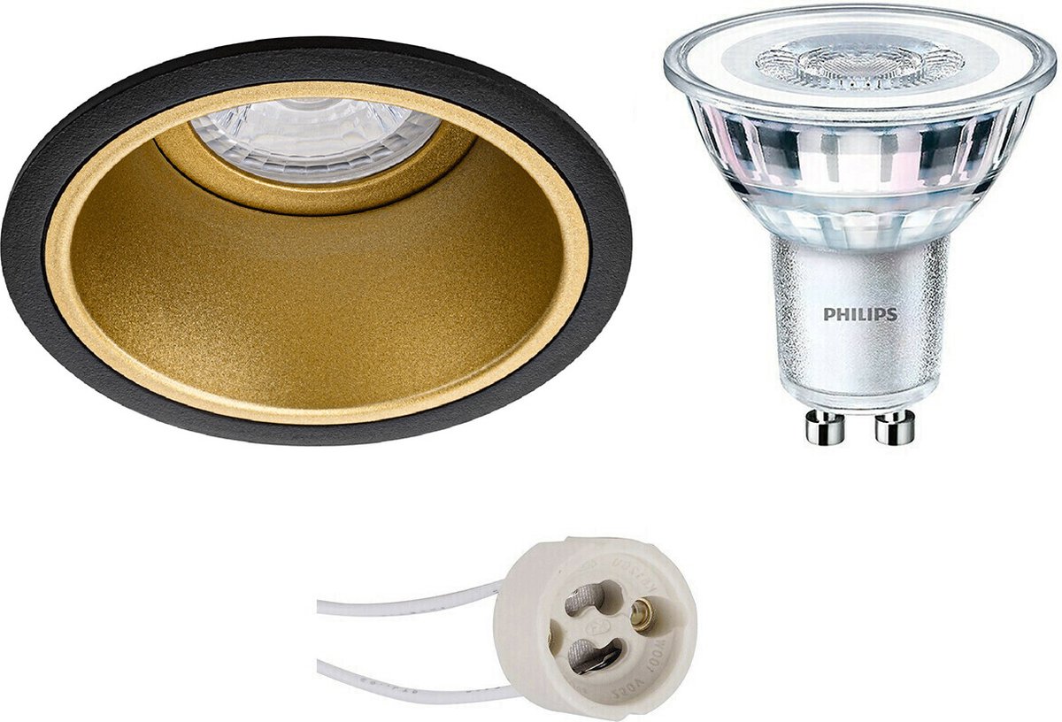 BES LED Led Spot Set - Pragmi Minko Pro - Gu10 Fitting - Inbouw Rond - Mat/goud - Verdiept - Ø90mm - Philips - Corepro 840 - Zwart