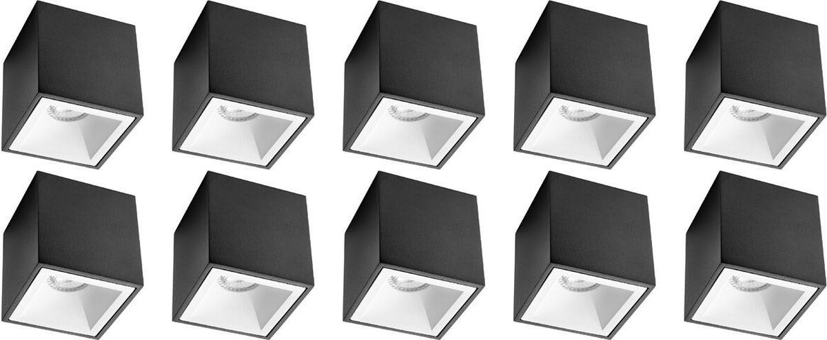 BES LED Opbouwspot 10 Pack - Pragmi Cliron Pro - Gu10 Fitting - Opbouw Vierkant - Mat/wit - Aluminium - Verdiept - Ø90mm - Zwart