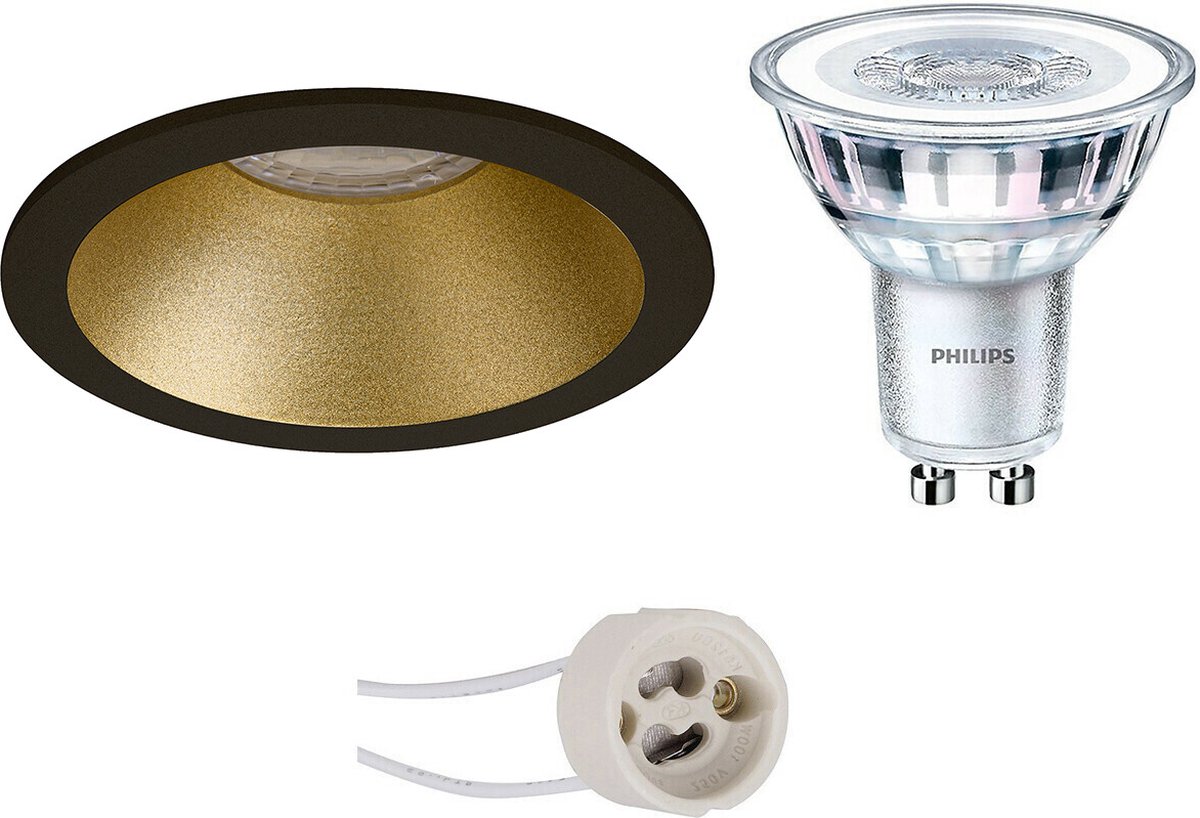 BES LED Led Spot Set - Pragmi Pollon Pro - Gu10 Fitting - Inbouw Rond - Mat/goud - Verdiept - Ø82mm - Philips - Corepro - Zwart