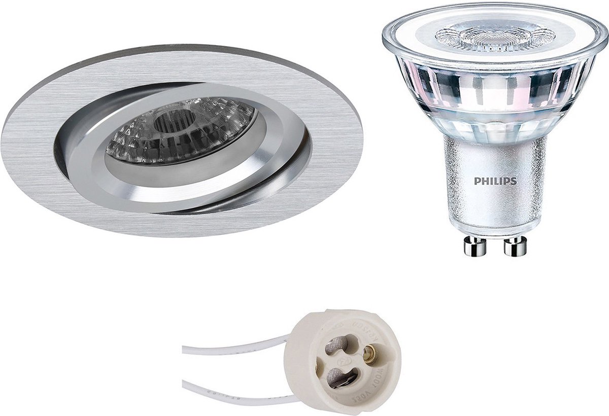 BES LED Led Spot Set - Pragmi Aerony Pro - Gu10 Fitting - Inbouw Rond - Mat Zilver - Kantelbaar - Ø82mm - Philips - Corepro 840