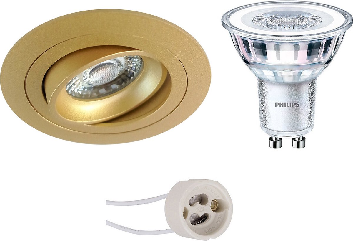 BES LED Led Spot Set - Pragmi Alpin Pro - Gu10 Fitting - Inbouw Rond - Mat - Kantelbaar - Ø92mm - Philips - Corepro 840 36d - Goud