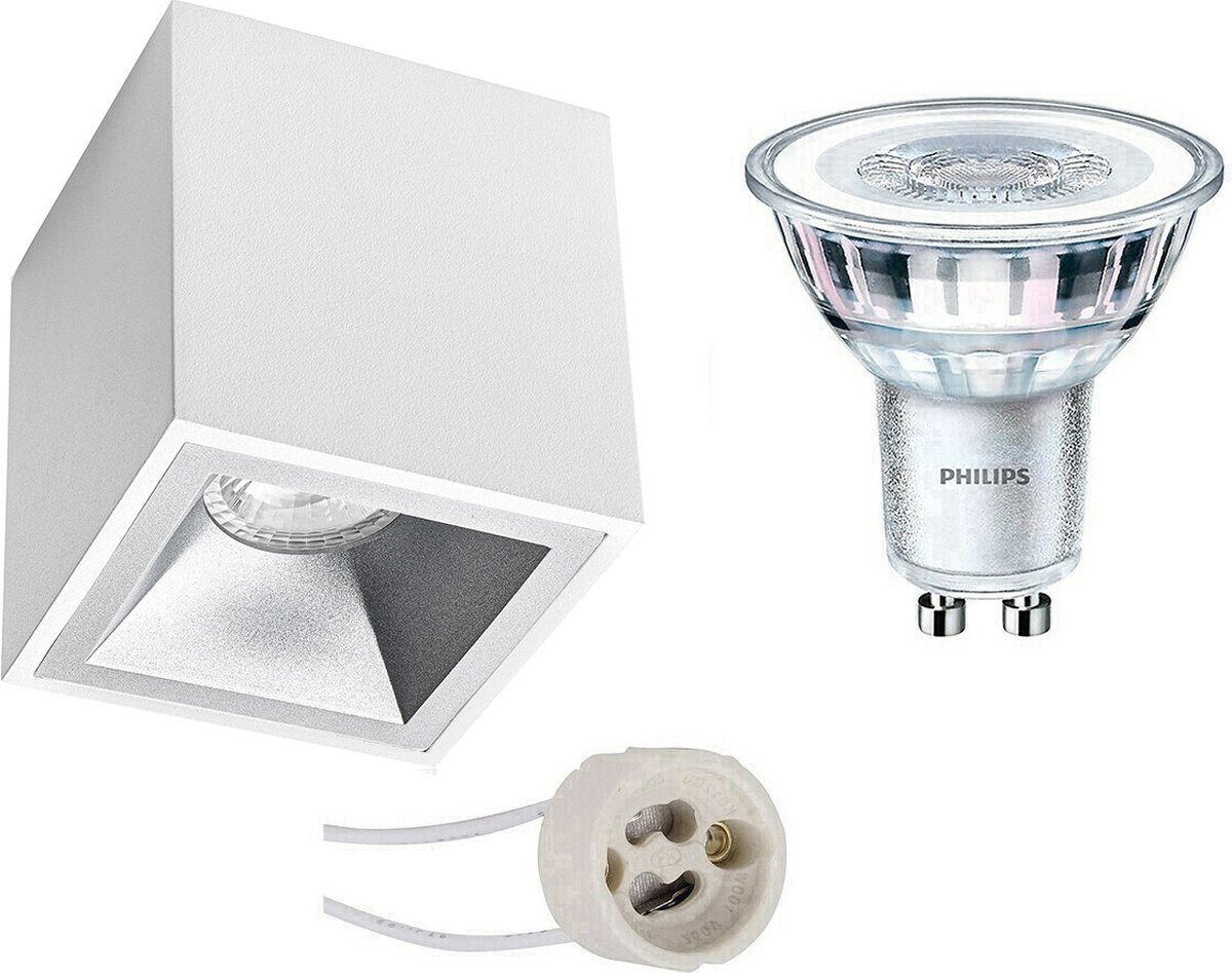 BES LED Opbouwspot Set - Pragmi Cliron Pro - Gu10 Fitting - Opbouw Vierkant - Mat/zilver - Verdiept - 90mm - Philips - - Wit