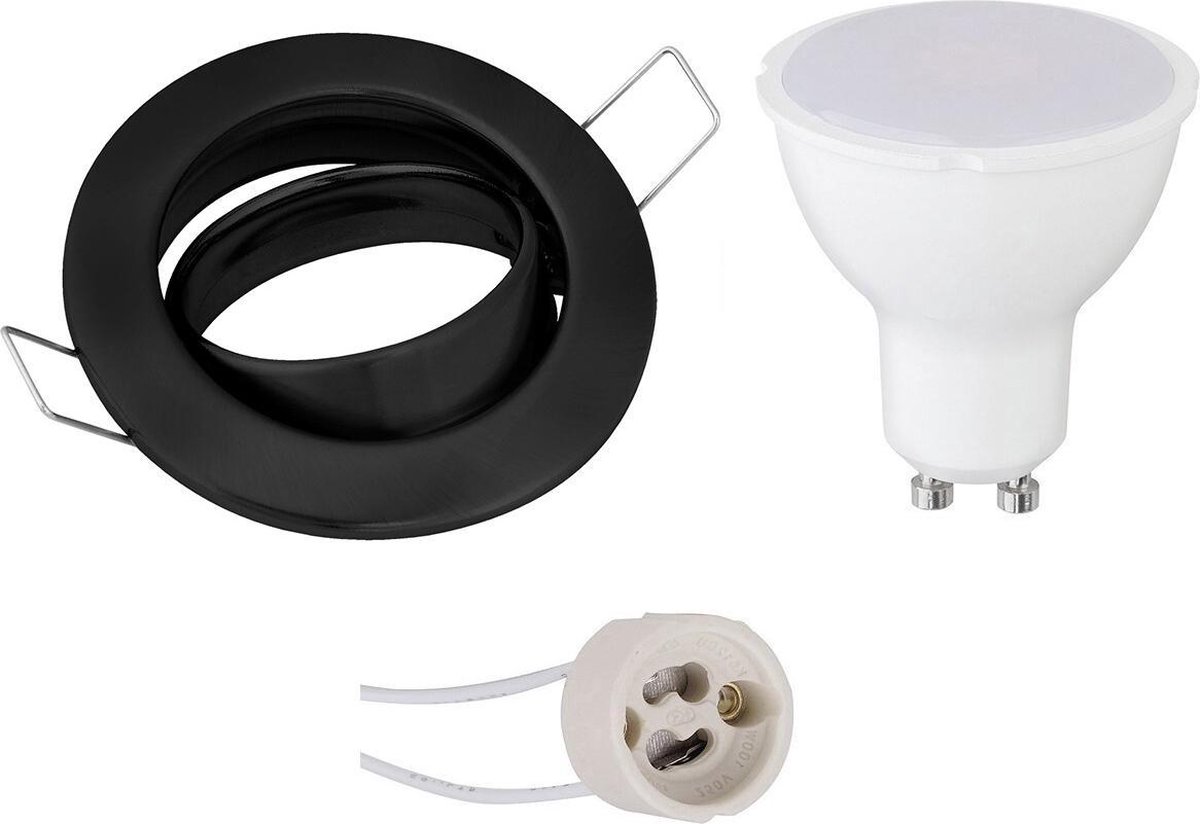 BES LED Led Spot Set - Aigi - Gu10 Fitting - Inbouw Rond - Mat - 6w - Helder/koud Wit 6400k - Kantelbaar Ø82mm - Zwart