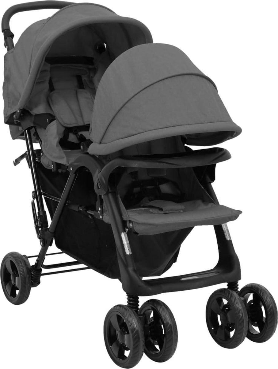 Vidaxl Tweelingkinderwagen Tandem Staal Donker - Gris