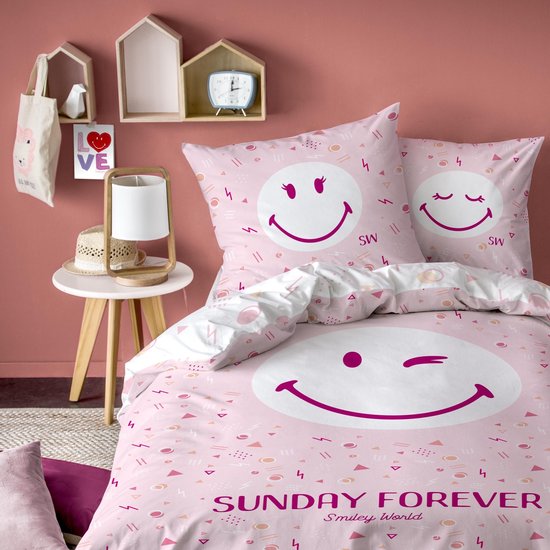 Smiley World Sunday Dekbedovertrek - Eenpersoons - 140 X 200 Cm - - Roze