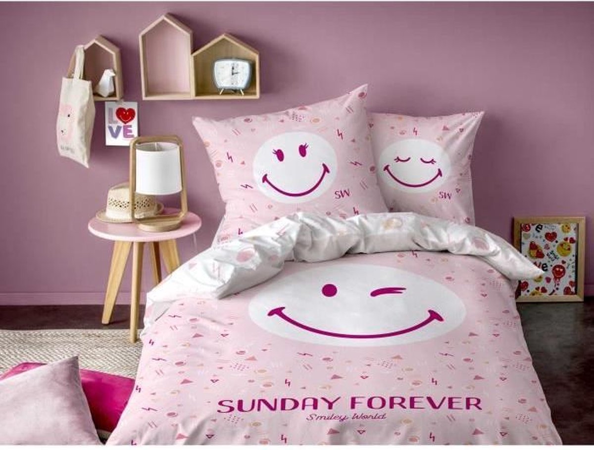 Smiley World Sunday Dekbedovertrek - Eenpersoons - 140 X 200 Cm - - Roze