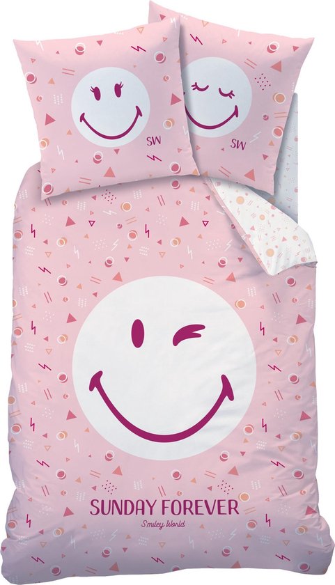 Smiley World Sunday Dekbedovertrek - Eenpersoons - 140 X 200 Cm - - Roze